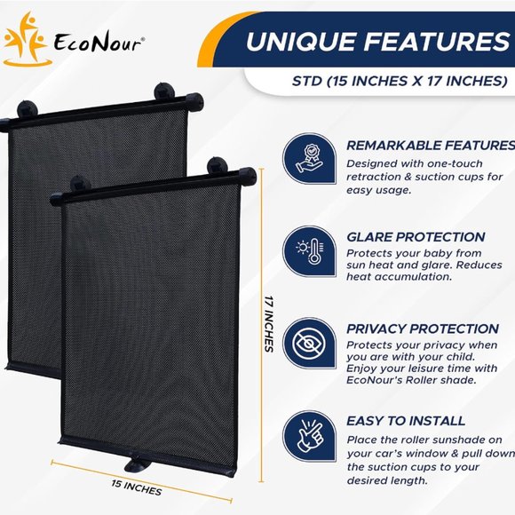 Car Side Window Sun Shade/Retractable Car Roller Sunshade (2 Pack) (15"x17") - Picture 6 of 7